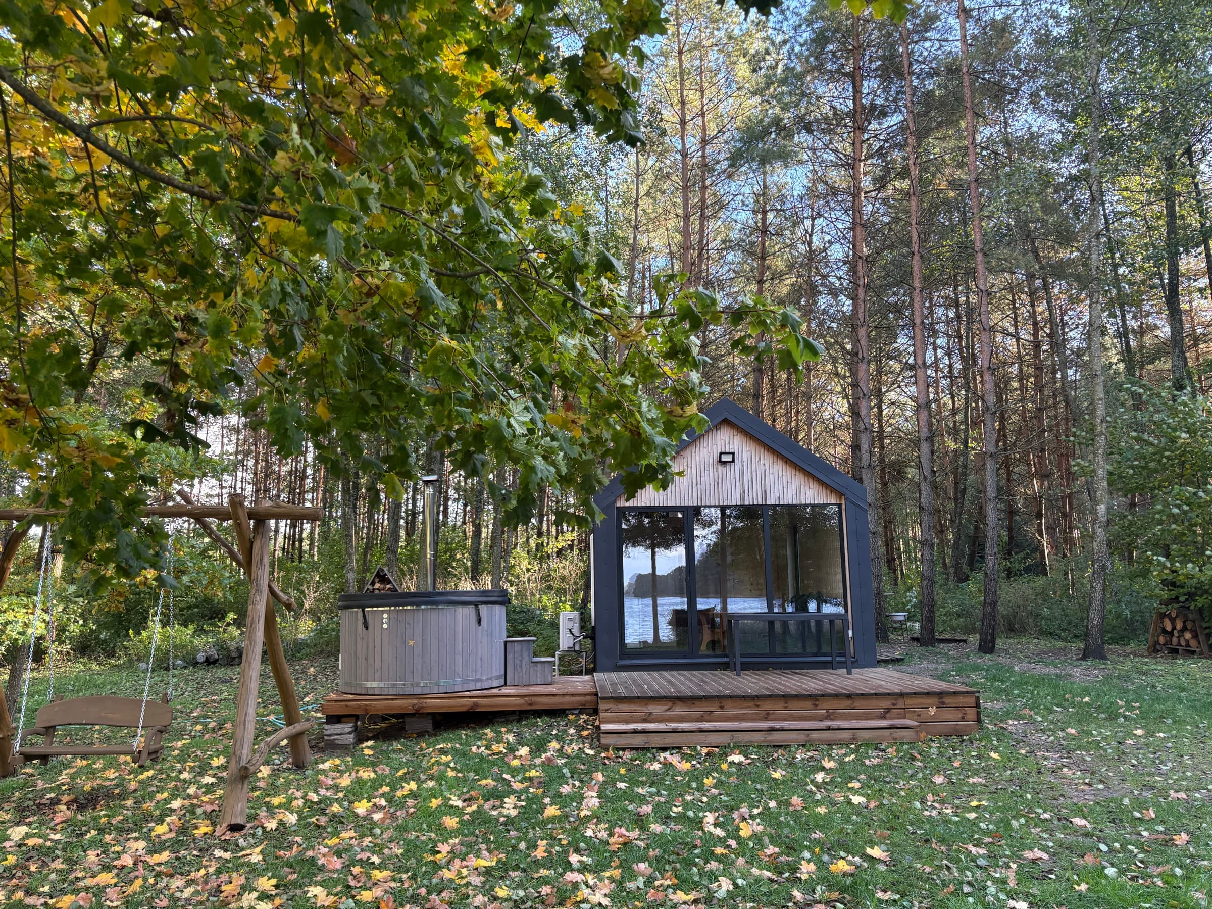 Cabin by the lake at dawn